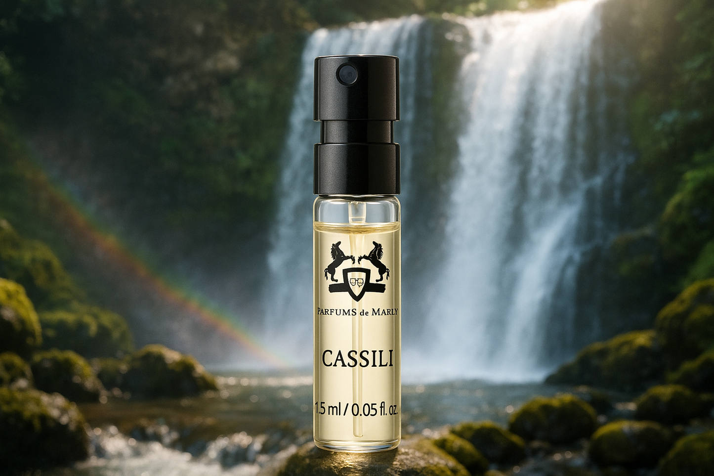 Parfums de Marly Cassili officiel parfumeprøve 1,5 ml 0,05 fl.o.z. parfumetester, vandfald i baggrunden