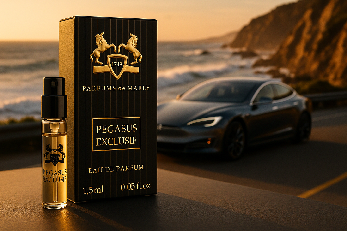 Parfums De Marly Pegasus Exclusif officiel parfumeprøve 1,5 ml 0,05 fl. o.z. parfumetester, i baggrunden luksus elbil ved kysten