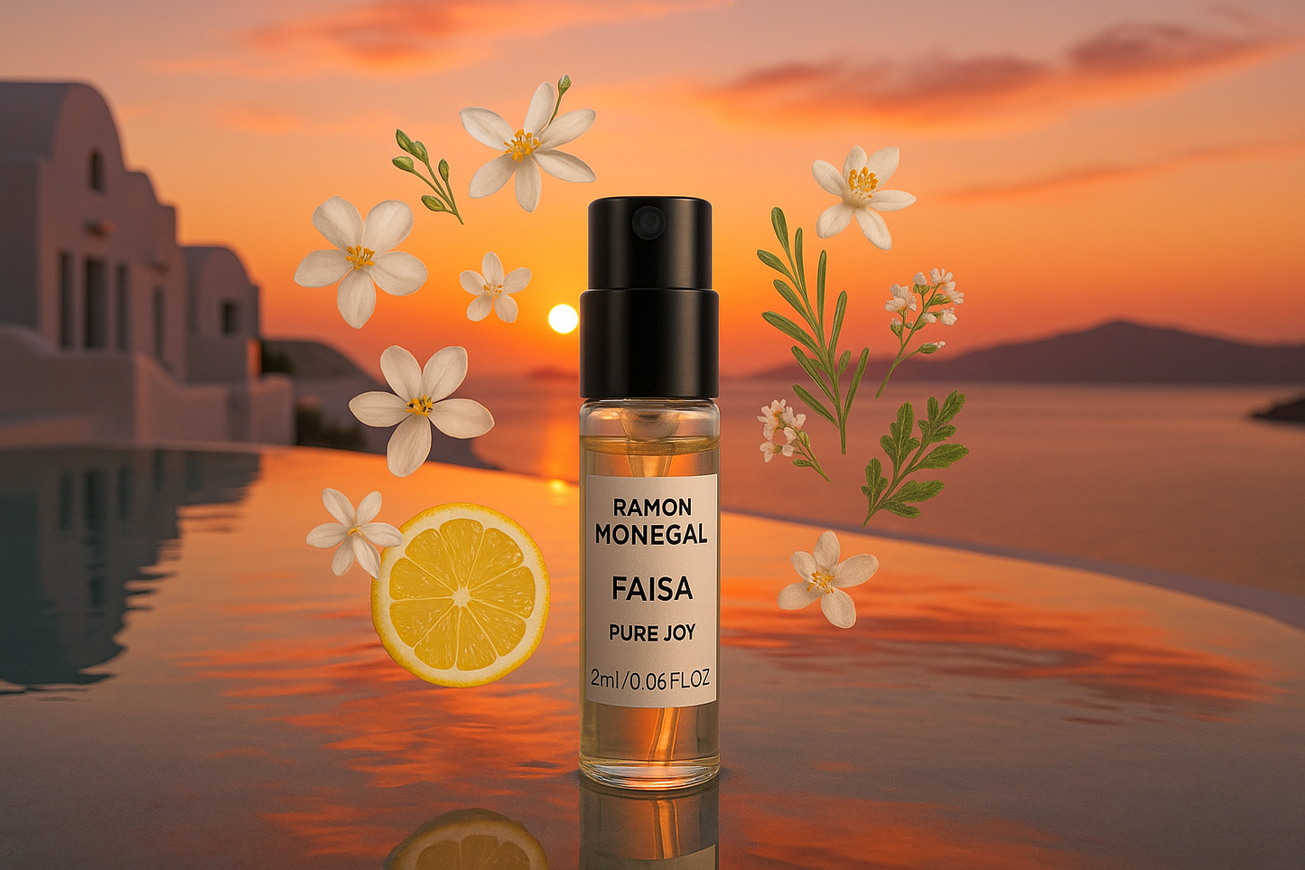Ramon Monegal Faisa Pure Joy officiel parfumeprøve 2ml 0,06 fl.o.z. parfumetester, i baggrunden solnedgang i Santorini pool, prøve omgivet af Faisa Pure Joy duftnoter