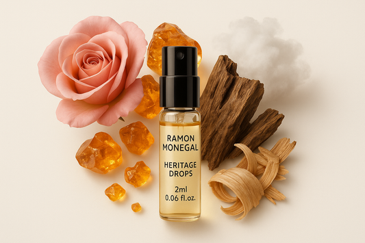 Ramon Monegal Heritage Drops officiel parfumeprøve 2ml 0,06 fl.o.z. parfumetester prøveflaske omgivet af Heritage Drops duftnoter