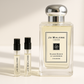 Jo Malone Silver Birch & Lavender Cologne parfumeprøver 1ml stående ved siden af ​​Jo Malone Silver Birch 100ml duft