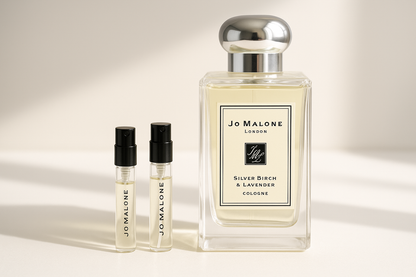 Jo Malone Silver Birch & Lavender Cologne parfumeprøver 1ml stående ved siden af ​​Jo Malone Silver Birch 100ml duft